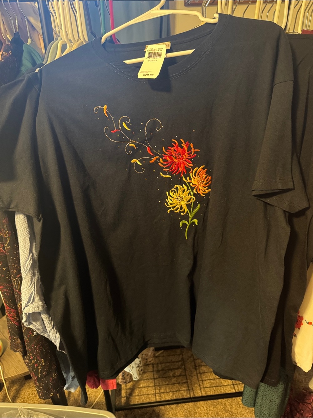 Vintage style TOP STITCH Black Tee with Red, Orange & Yellow Floral Embroidery
